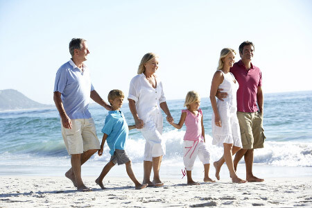 family walking on a beach